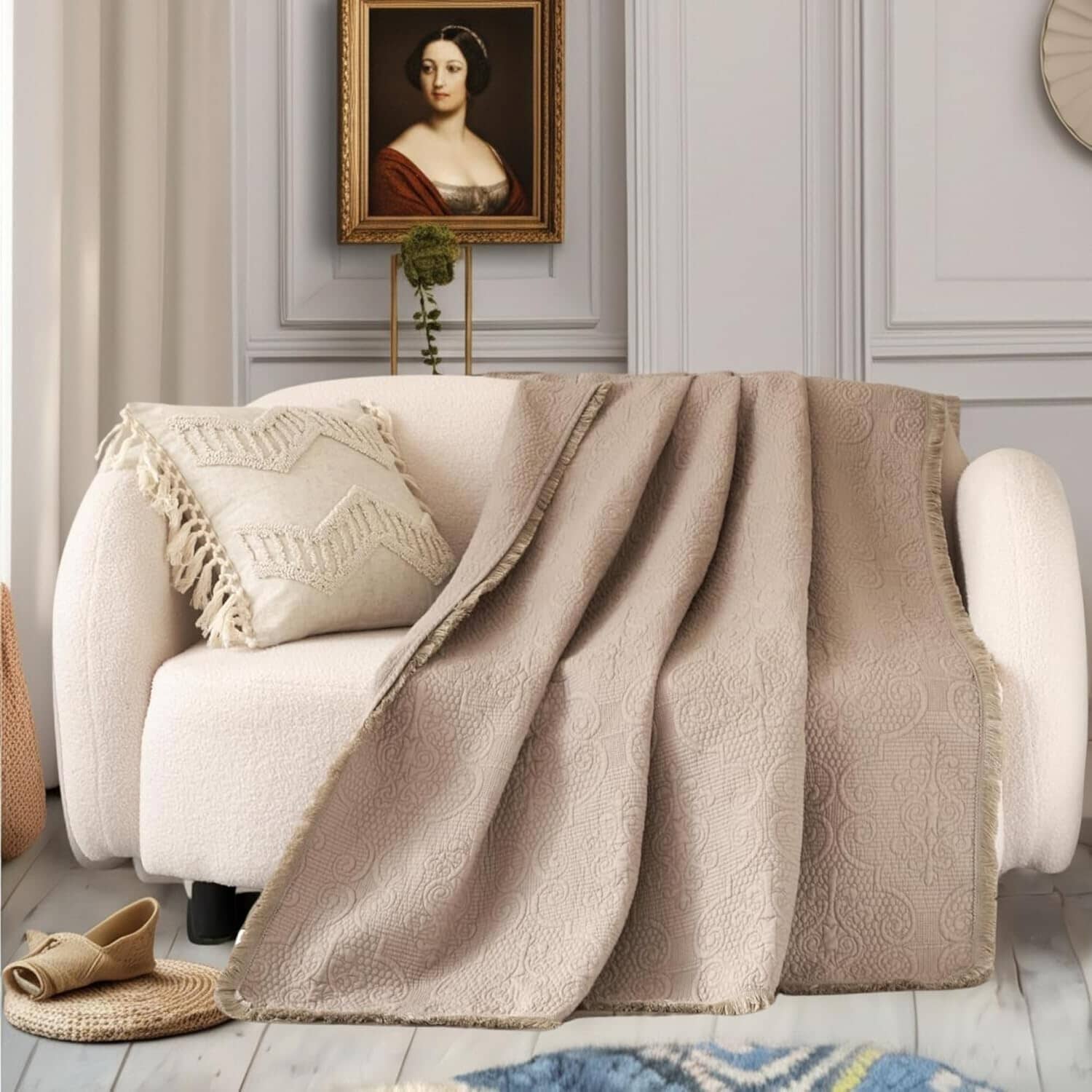 Fringed Cotton Quilted Throw Blanket
