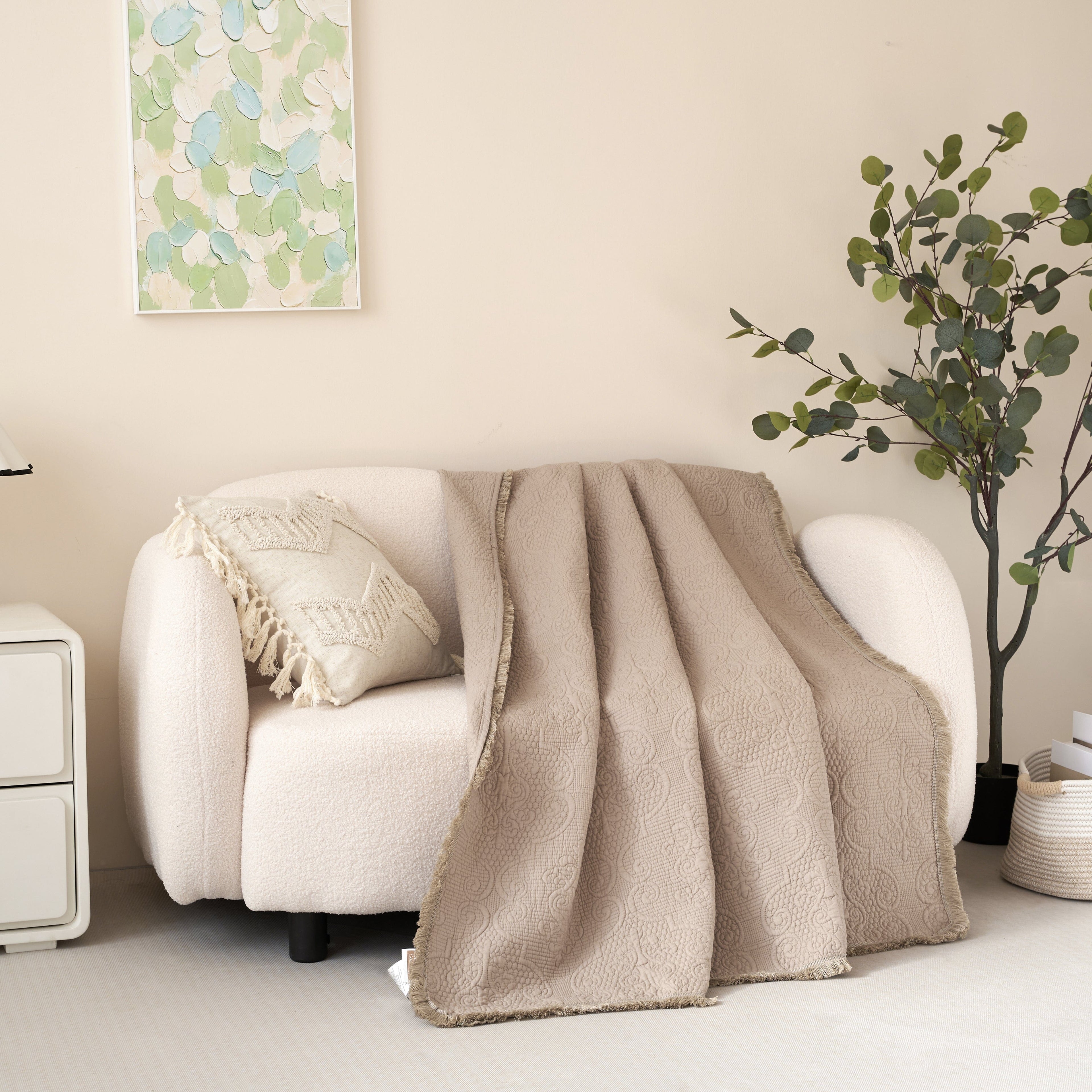 Fringed Cotton Quilted Throw Blanket