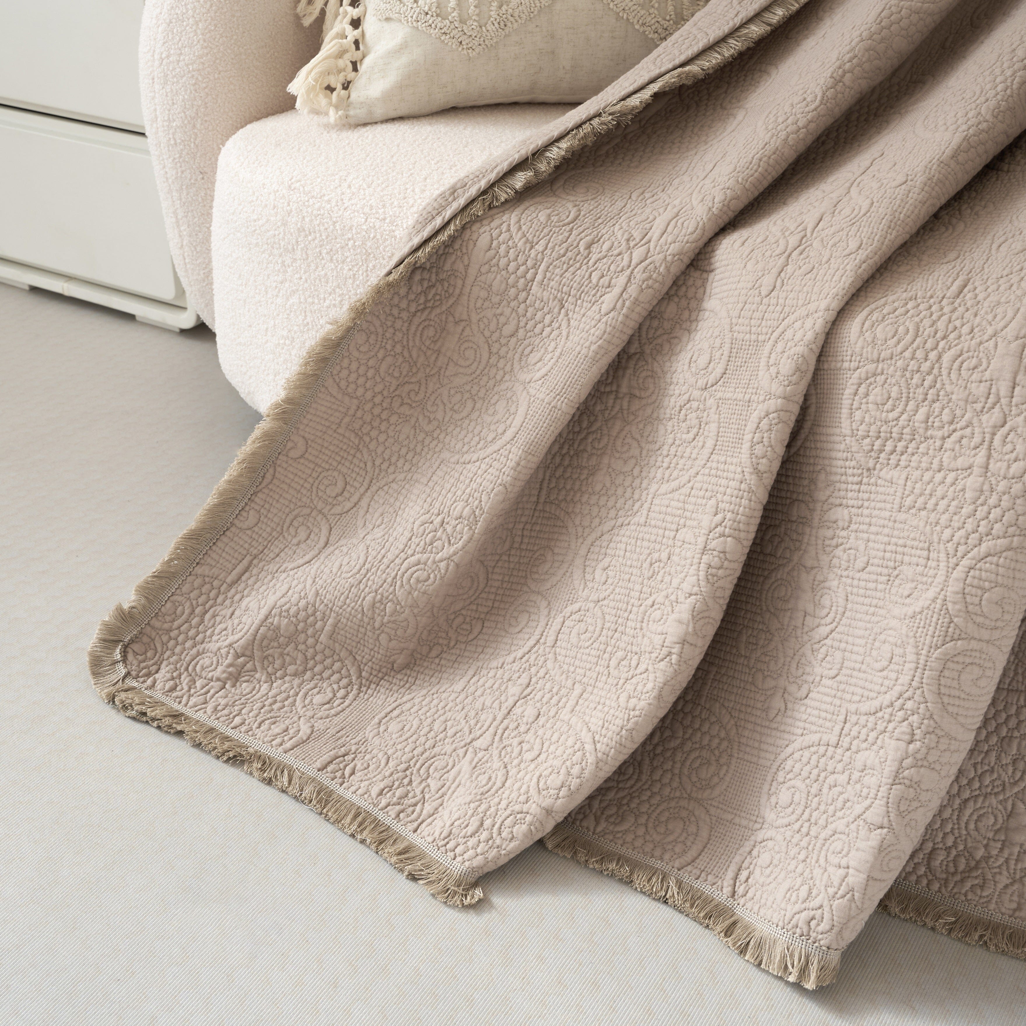 Fringed Cotton Quilted Throw Blanket