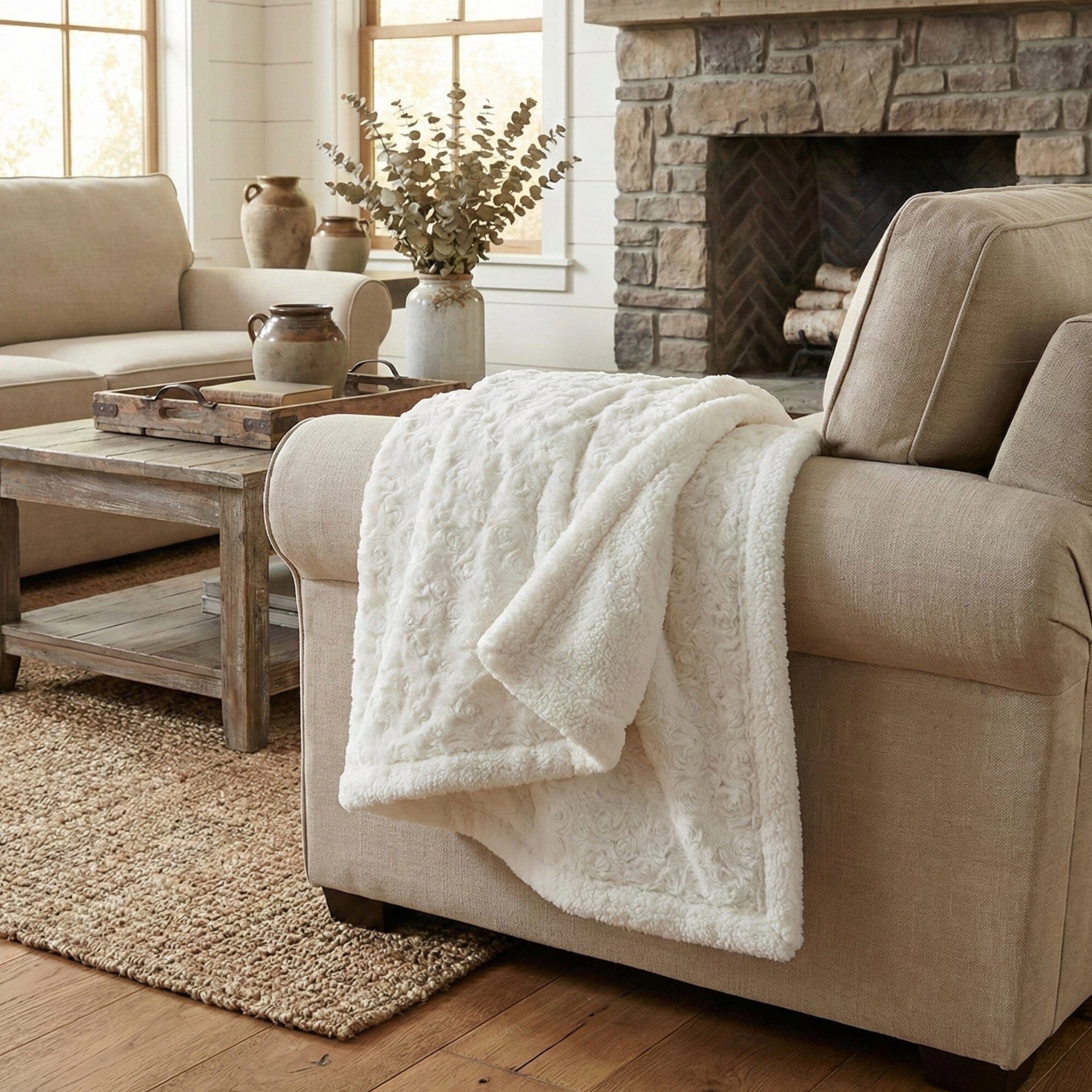 Creamy White Sherpa Faux Fur Throw Blanket